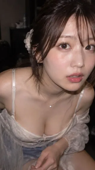 A realistic vertical portrait of a woman in a dim room, leaning forward with a gentle, surprised expression and soft warm lighting.