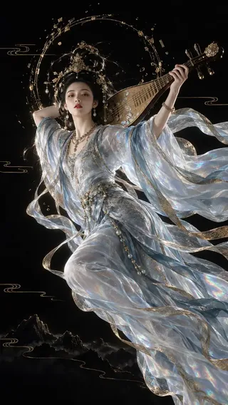 A graceful East Asian woman in a flowing, translucent icy-blue silk robe plays a pipa while suspended in a dark void, accented by gold details and dramatic lighting.