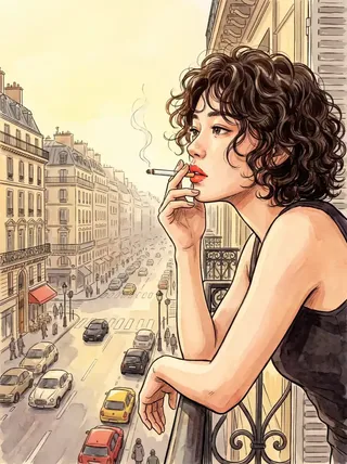 Close side profile of a young woman with short curly hair leaning on a wrought iron balcony overlooking a Parisian boulevard in watercolor comic style.