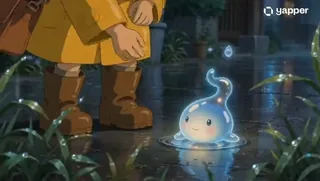 A young boy in a yellow raincoat and red umbrella floats upwards into a twilight sky filled with stars and glowing blue spirits.