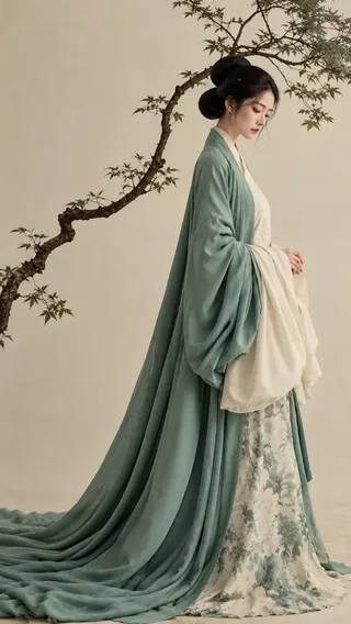 A melancholic young Chinese woman with a traditional hair bun and sage green Hanfu standing beneath an ancient tree branch with vast warm ivory negative space.