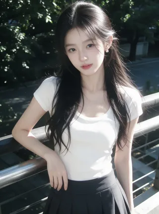 A young woman leaning against an outdoor railing in a candid photo with soft sunlight and subtle CCD noise.