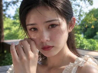 A close-up portrait of a woman with a natural, 'no-makeup' makeup look. Her skin appears dewy and clear, with subtle blush on her cheeks and a soft pink tint on her lips. Her eyebrows are natural, and her eyes look clear and bright.