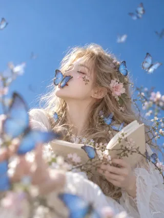 A dreamy vertical portrait of an East Asian woman with blonde hair, holding a book, decorated with delicate flowers and blue butterflies against a soft blue background.