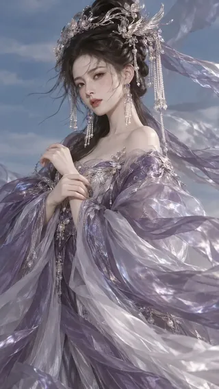 A hyperrealistic, cinematic vertical portrait of an East Asian woman depicted as a fantasy goddess. She has delicate features, wears an elaborate silver and purple phoenix crown with pearl tassels, and is adorned in a voluminous, translucent, iridescent gown. Her black hair is styled up with strands blowing in the wind. She stands against a soft blue sky with sparse clouds, her pose elegant and restrained.