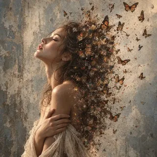 Surreal monochrome double-exposure portrait of a woman in profile whose hair dissolves into a swarm of monarch butterflies against a grunge wall.