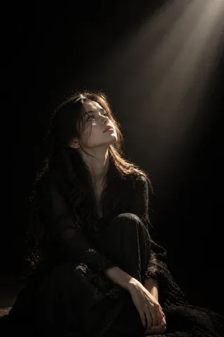 Cinematic portrait of a young woman illuminated by a dramatic volumetric light beam against a black background.