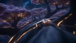 A giant tree branch in space with glowing leaves, rivers of light, and flying vehicles.