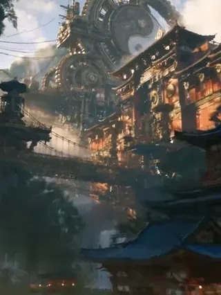 Ground-level view looking up at a steampunk ancient China cityscape, featuring Song Dynasty architecture, industrial machinery, giant mechanical Taiji symbol, rotating gears, and floating bridges.