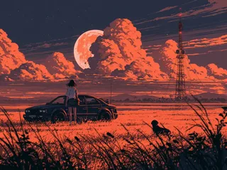 A lone figure stands in a vast, mysterious landscape, reaching out as if searching for a lost signal, with a sense of isolation and wonder.