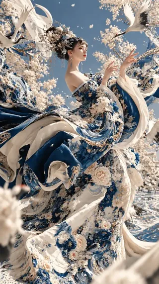 Full-body portrait of a delicate Chinese celestial maiden in luxurious blue and ivory hanfu gown, floating gracefully among cherry blossoms and flying white cranes.
