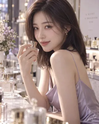 A young Korean woman with soft features and a subtle smile sits beside a perfume counter, holding a perfume bottle near her nose. She wears a lilac slip dress and is illuminated by soft window light.