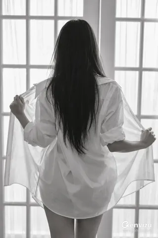 A black and white photo of a young woman from behind, wearing an oversized white shirt and standing before tall glass French doors.