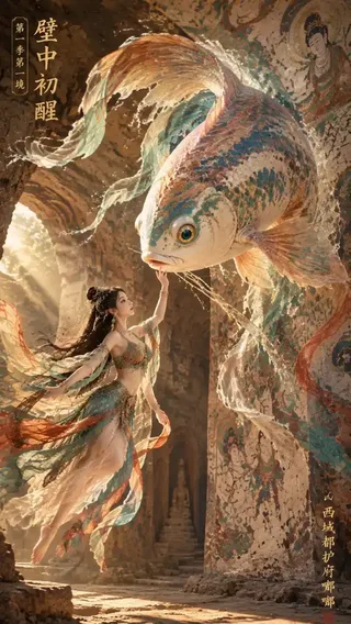 A massive turquoise and gold flying fish soaring above rolling desert sand dunes at sunset, with a real Chinese female apsara flying alongside it.
