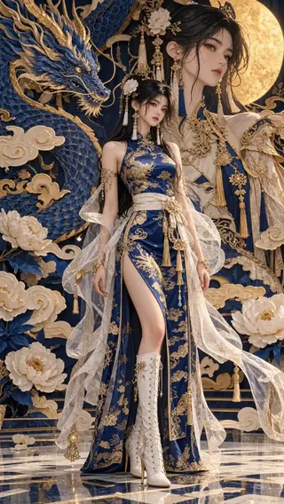 Full-body portrait of a young woman in a sapphire-blue qipao with intricate gold embroidery, set against a layered paper-craft diorama with a coiling dragon and gold moon.
