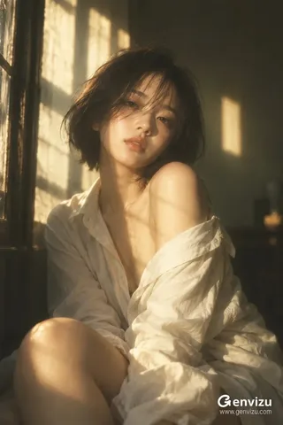 A young East Asian woman with a short dark bob seated near an old window, illuminated by soft golden light in a dim room.