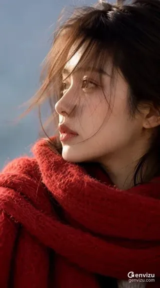 Cinematic portrait shot of a person with hair gently blowing in the wind.