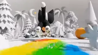 A whimsical claymation cat transforms a grayscale world into a vibrant paradise, splashing rainbow paint and confetti as it runs, ending in a miniature world.