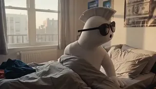 Photorealistic smartphone vlog footage of a stylized 3D mascot character with sunglasses and a mohawk, navigating a messy apartment while working on crypto and AI content.