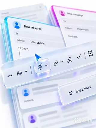 Close-up of stacked email compose windows with a frosted acrylic toolbar and a blue arrow cursor hovering over a paperclip icon, against a cool-white background with blurred email cards.