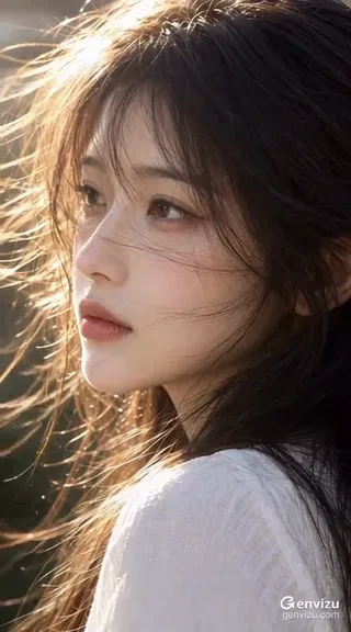 A serene backlight portrait of a woman with flowing hair bathed in warm sunlight.