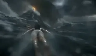 A powerful, dark-haired ocean warrior in a soaked white dress flies at extreme speed across a violent stormy sea, slicing through giant tsunami waves as lightning strikes.