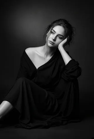 A dramatic black-and-white studio portrait of a thoughtful young woman with a pensive expression in a moody low-key aesthetic.