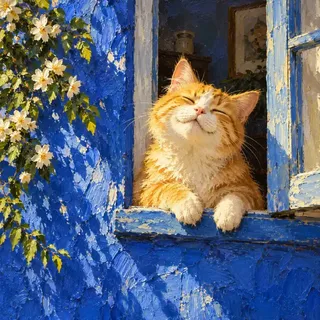 Thick oil painting style illustration of a figure with a healing expression peeking from a doorway, bathed in warm golden light against a high-saturation background.
