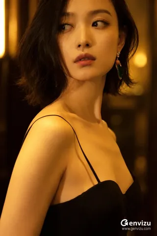 A close-up portrait of a young East Asian woman with dark hair and a black bodice, looking over her shoulder in warm amber light.