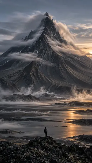A towering, sharp-edged black volcanic spire dominates a surreal landscape. Wisps of milky clouds and steam flow around its base and up its sides, smoothed by long exposure. A lone, sharp traveler stands at the bottom. The water is a smooth band of reflected orange light.