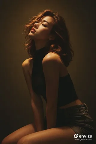 Vertical portrait of a 22-year-old East Asian woman with eyes closed, illuminated by warm amber directional light in a dark studio.