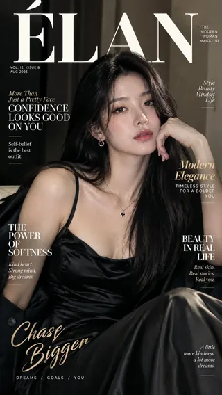 A striking, photorealistic magazine cover featuring a confident woman with dark hair in a black satin dress, elegant typography, and a sophisticated black and ivory color palette.