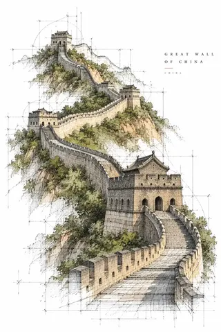 Vertical architectural master sketch poster of a landmark with precise ink lines and pure white negative space.