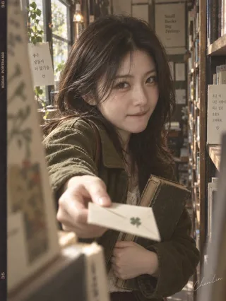 A young East Asian woman with soft eyes and slightly messy brown hair, wearing an olive green jacket and cream top, stands in a narrow bookstore aisle. She leans forward, offering a folded cream note with a small clover design towards the camera with her right hand, while holding a green book with her left. Soft natural light highlights her face, hair, and the note, creating a vintage, candid feel with film grain.