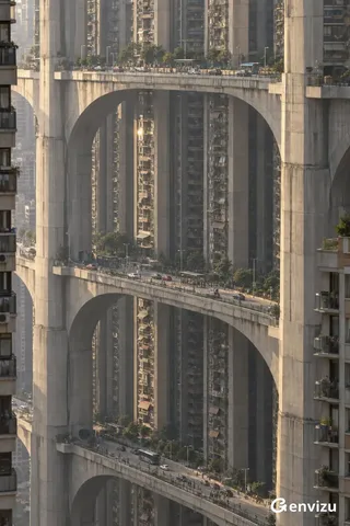 A vast, fictional concrete megacity fills the frame, shot with a telephoto lens from a distance. Compressed perspective makes towering residential blocks and elevated roadways appear immense, with tiny cars and pedestrians for scale. Warm, low-angle sunlight highlights textured concrete surfaces.