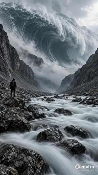 Photorealistic surreal canyon landscape with a long exposure river, a massive tsunami wave in the sky, and a small silhouetted traveler on the riverbank. Cold, muted colors and dramatic lighting.