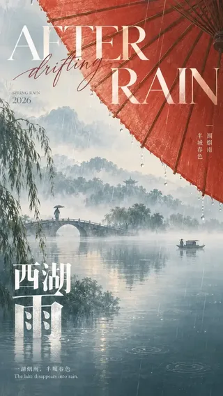 A modern Oriental editorial poster featuring a serene landscape, an oversized central visual element, and minimalist bilingual typography, creating a sense of scale and poetic atmosphere.