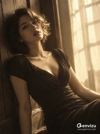 An intimate vertical 3:4 portrait of an adult East Asian woman with a short dark bob, reclining against dark weathered wood next to a glowing pale curtain.