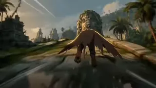 Anthropomorphic Doberman hero leaping across ancient ruins in a misty jungle, with a waterfall and temple in the background.