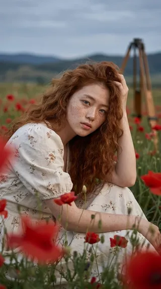 Cinematic editorial portrait of a young woman with ginger curls and freckles in a wild poppy meadow during twilight.