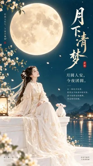 A minimalist Mid-Autumn Festival poster featuring an ancient Chinese woman and a jade rabbit sitting on a white platform, looking at a large golden moon against a peacock blue night sky.