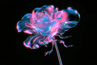 Subject visualized as a flowing, transforming liquid crystal holographic form, rippling with color shifts between two distinct hues, suggesting a responsive, fluid state of matter.