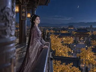A hyperrealistic, cinematic portrait of a beautiful young Chinese woman in traditional Hanfu, standing on a wooden balcony of an ancient pavilion at night. She gazes serenely under a sharp crescent moon, with golden autumn leaves in the courtyard below and geometric shadows on the floor.