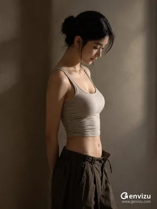 Vertical photorealistic indoor portrait of a young East Asian woman standing beside a warm gray wall in soft window light.