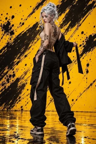 A slender young woman with tattoos and stylish streetwear poses against a vibrant yellow graffiti wall with industrial reflections on the ground.