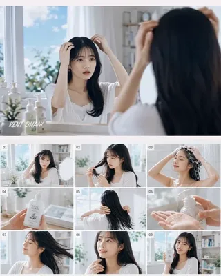 Young Korean woman with long, glossy black hair smiling, holding a bottle of Lilac Bloom Shampoo in a bright, clean bathroom.