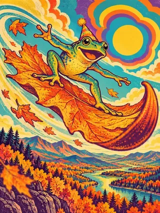 A 1970s psychedelic screen print of a delighted frog surfing a huge maple leaf above an autumn valley, using violet, tangerine, teal, and yellow ink layers.
