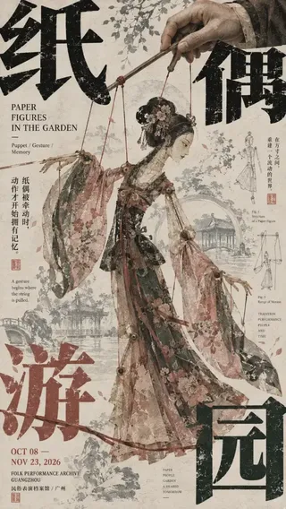 East Asian cultural exhibition poster with large corner typography and an artistic editorial design layout.