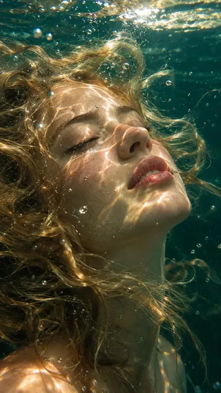 Extreme close-up of a woman's face underwater, eyes closed peacefully, blonde hair floating, with dappled sunlight creating caustic patterns on her skin and tiny air bubbles around her.