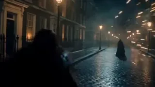 A witch in a trench coat creates a golden magical vortex on a wet cobblestone street at night.